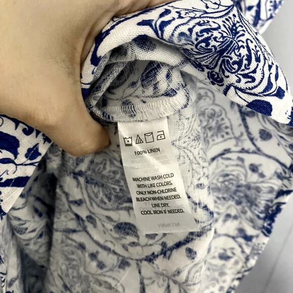 Saks Fifth Avenue Blue Printed Linen Smocked A-line Summer Mini Dress M - Picture 3 of 7